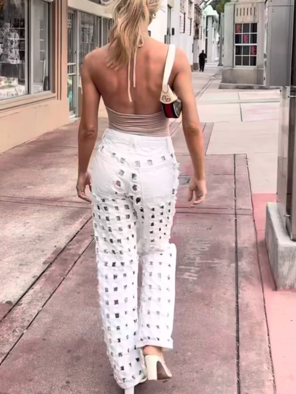 White Lattice Cutout Jeans with Blue Tank